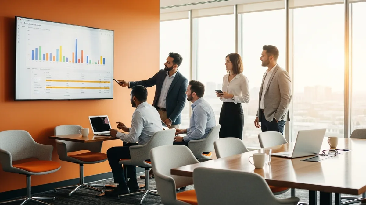 Cross-functional AI engineering team reviewing LLM evaluation rubrics on a shared display in an open office with orange accent walls