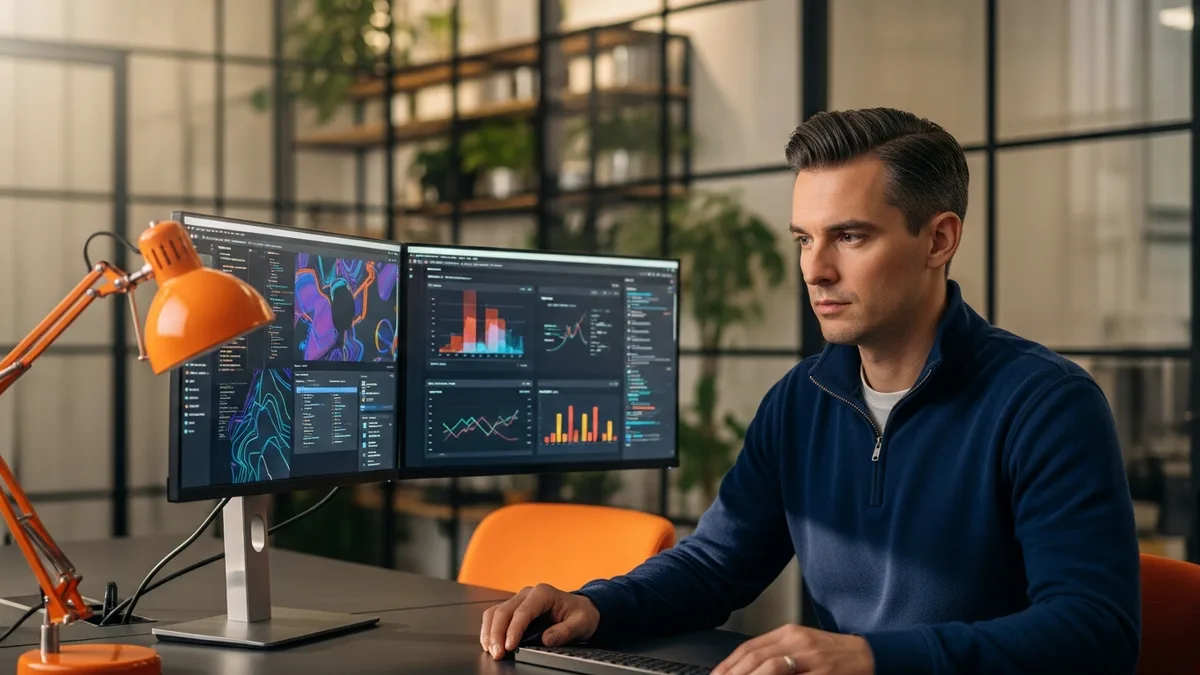 Senior prompt engineer at a dual-monitor workstation reviewing an LLM evaluation dashboard and prompt rubrics