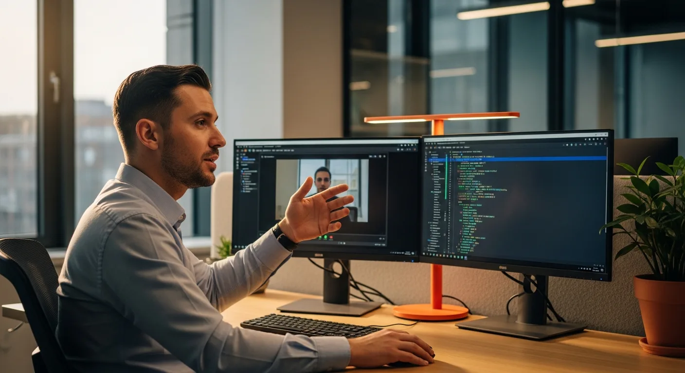 Python developer at dual-monitor workstation explaining code during a technical interview video call in a modern office