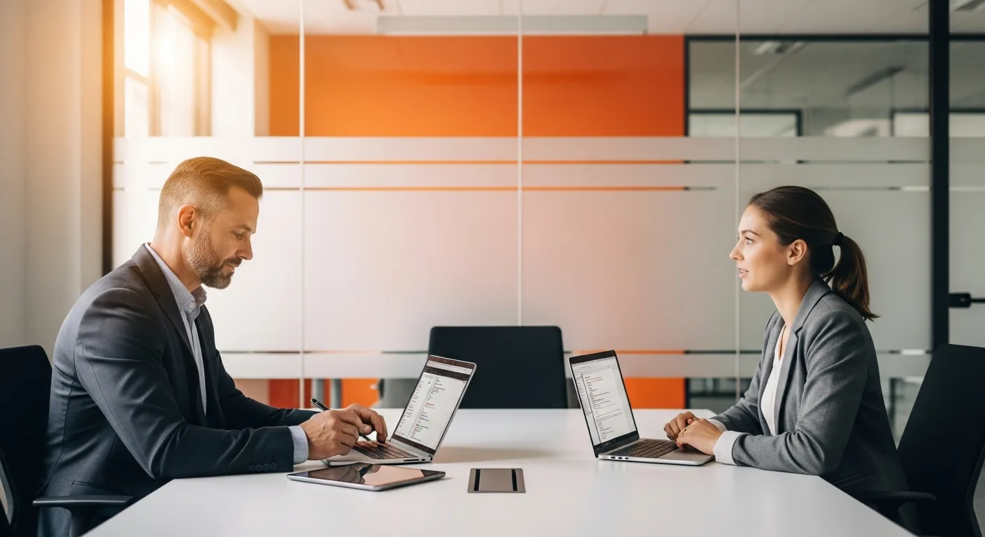 Hiring manager conducting a Python developer technical interview in a glass-walled conference room with laptops open