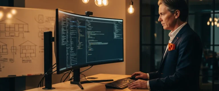 Senior Python developer reviewing code at a standing desk with ultrawide monitor in modern corporate office