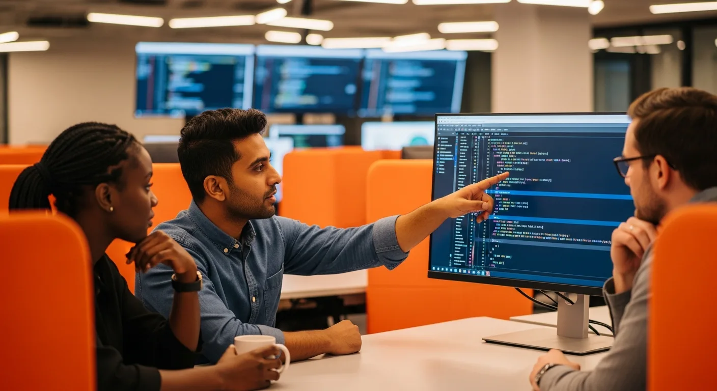 Software engineering team collaborating on Python code review in a modern tech office with orange accent chairs