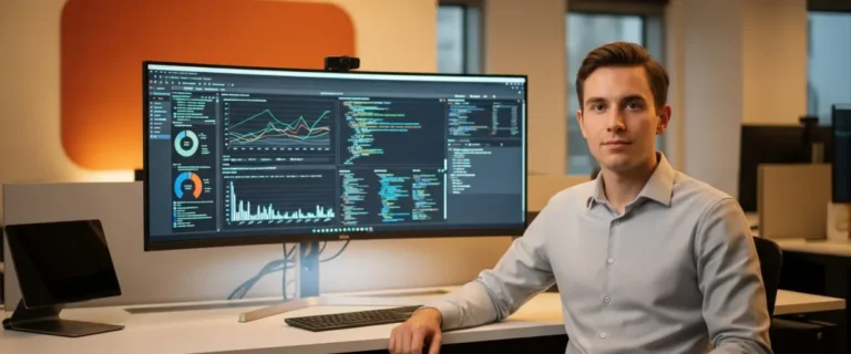 Quality assurance engineer reviewing automated test results at modern workstation