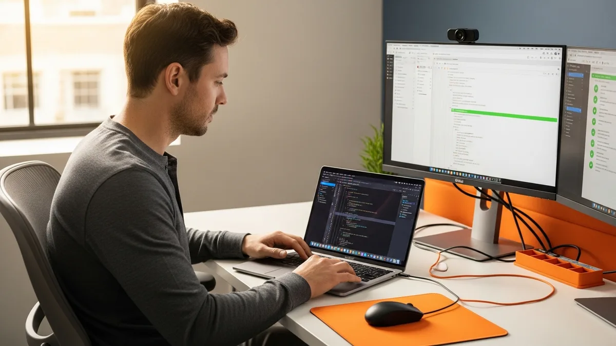 QA automation engineer writing Playwright test scripts in Python at dual-monitor workstation