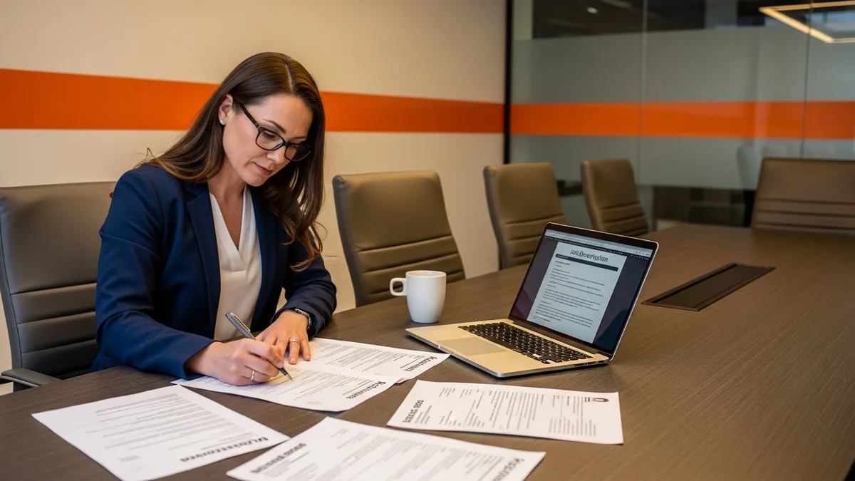 Hiring manager reviewing QA engineer resumes and job description draft at conference table