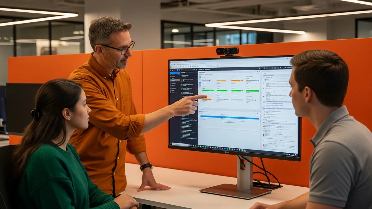 QA engineering team collaborating on CI/CD pipeline test results in modern tech office