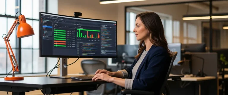 QA engineer reviewing automated test results and code coverage dashboard at modern workstation
