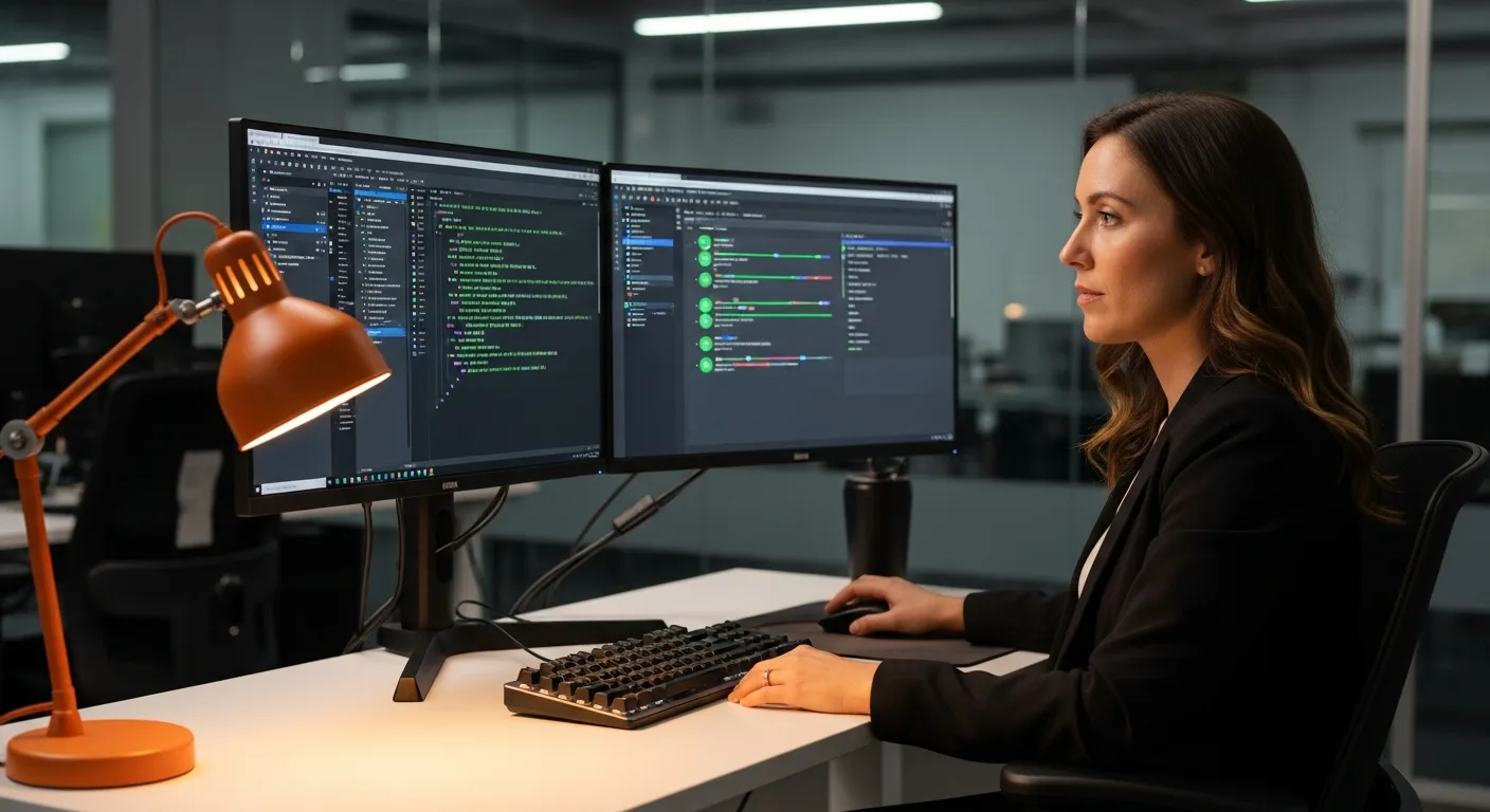 Senior QA automation engineer reviewing Playwright test results and CI/CD pipeline at dual-monitor workstation