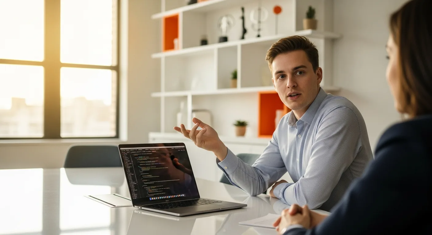 QA engineer candidate discussing test strategy with interviewer at modern conference table