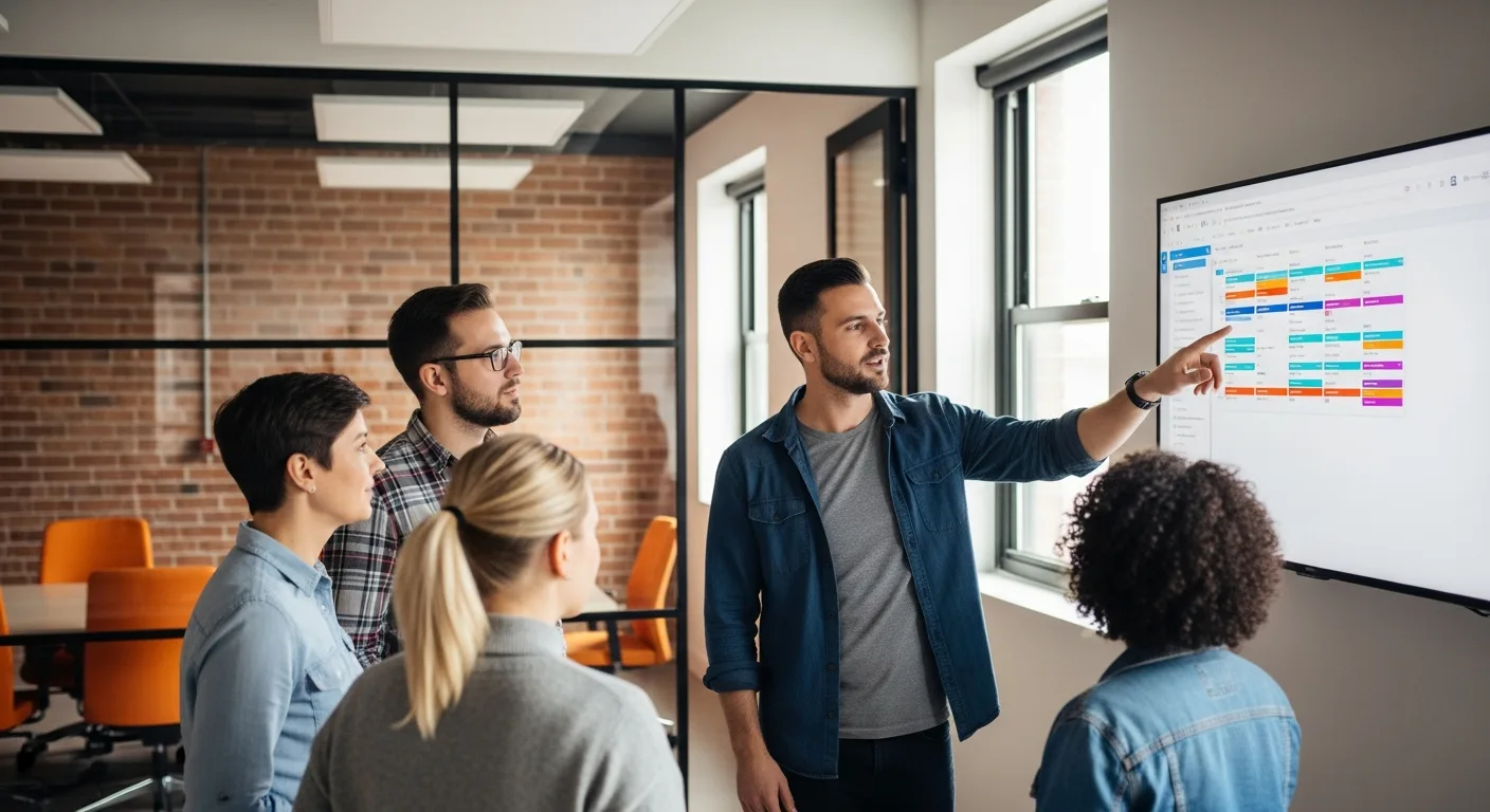 QA engineering team standup meeting reviewing bug tracking dashboard in modern tech office