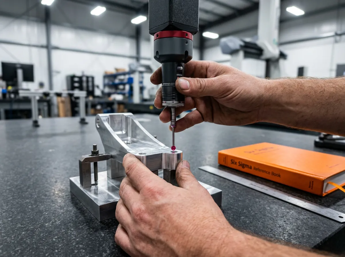 Coordinate measuring machine probe inspecting a precision machined aluminum part on a granite surface plate in an ISO 9001 certified inspection room