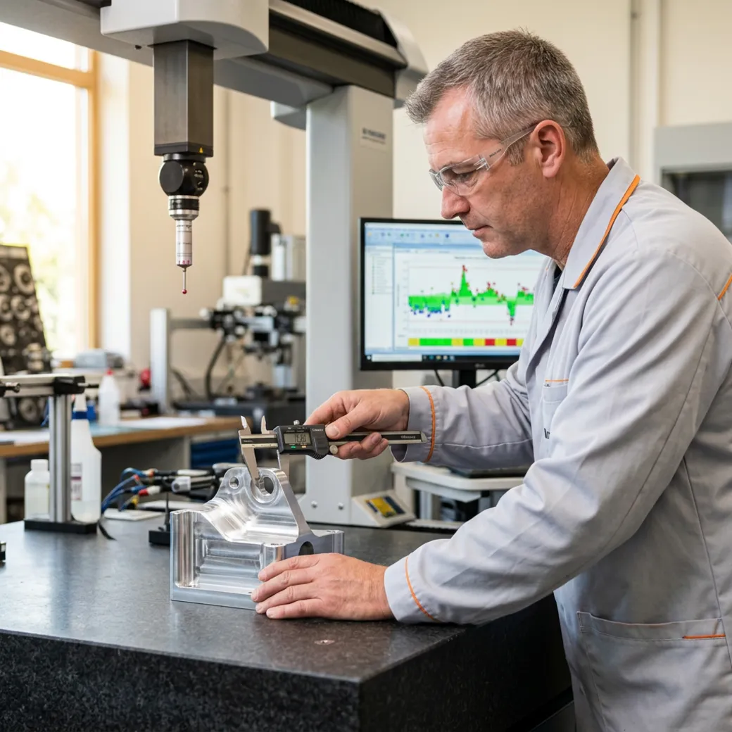 Quality engineer in inspection lab measuring a precision-machined part with a dial caliper on a granite surface plate
