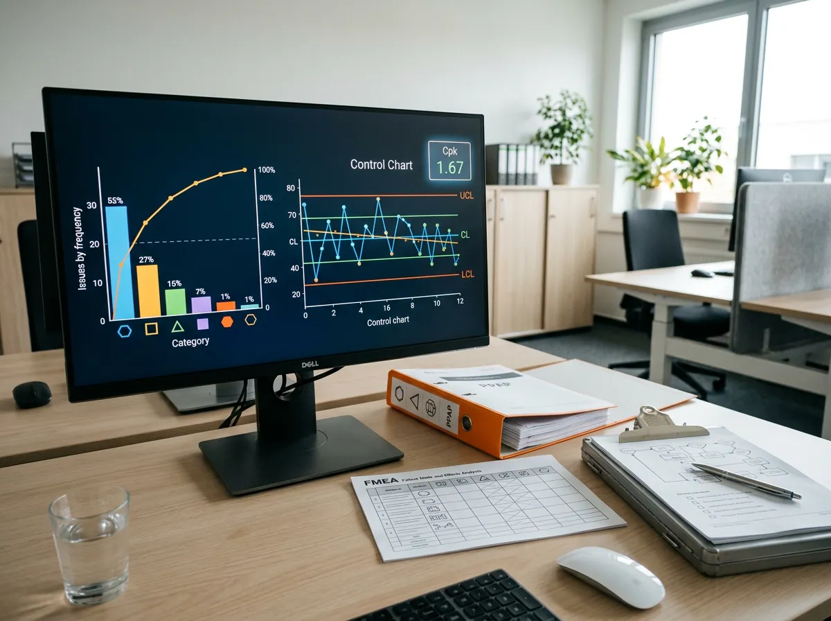 Statistical process control chart and Pareto diagram displayed on a monitor beside a printed FMEA worksheet and PPAP binder on an engineering quality assurance desk