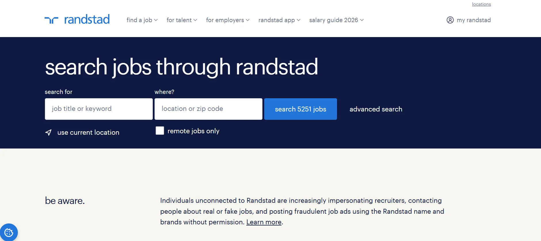 Randstad USA homepage with job search for enterprise staffing in Los Angeles