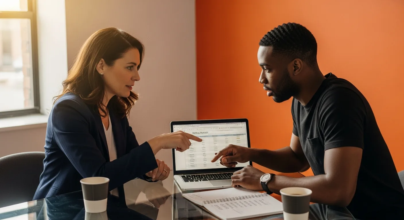 Hiring manager and React developer reviewing the loaded cost of a React hire on a laptop in a modern Orange County tech office