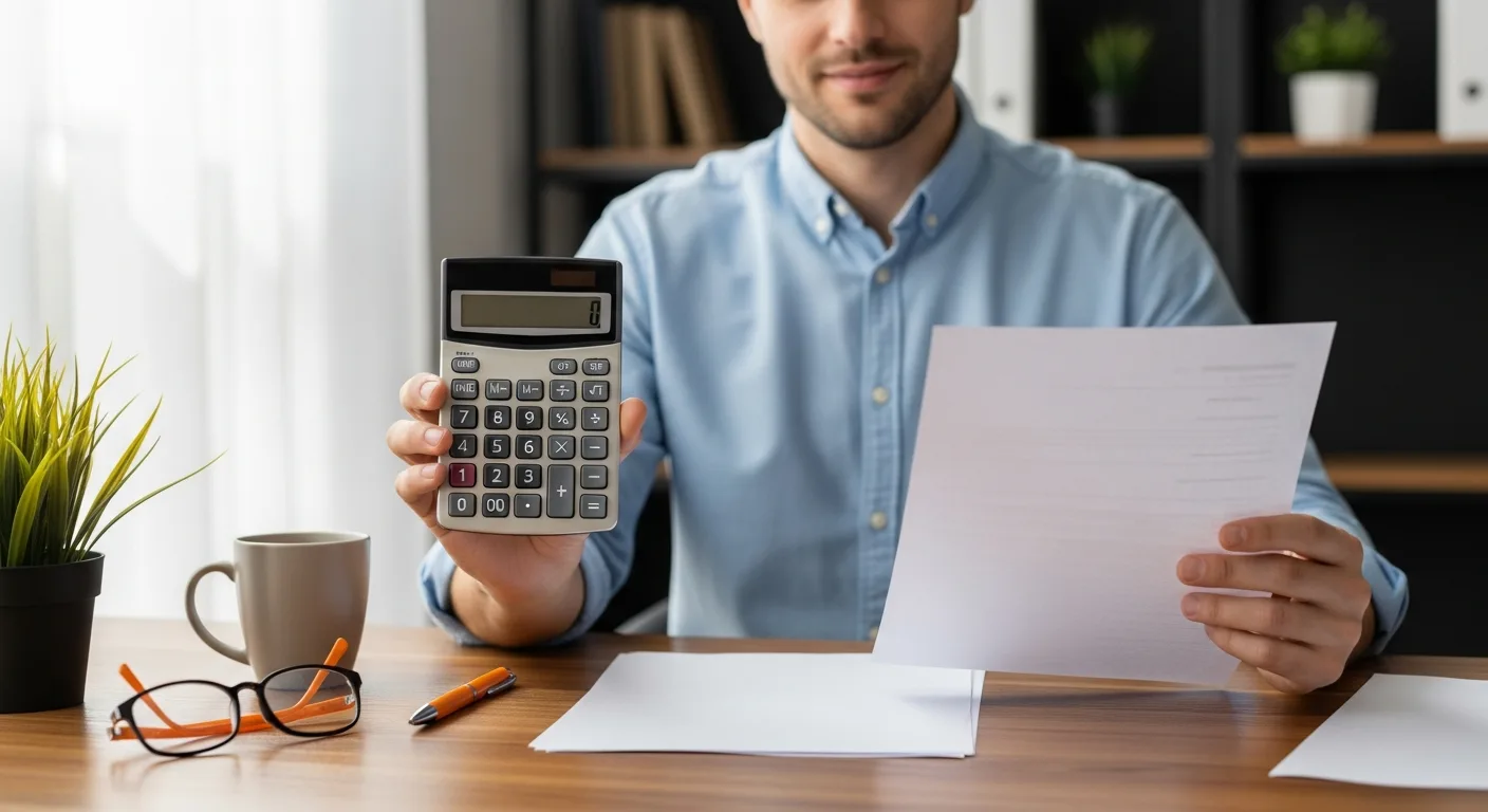 Staffing recruiter reviewing a React developer offer letter alongside a calculator and notepad calculating the total first-year cost of hire