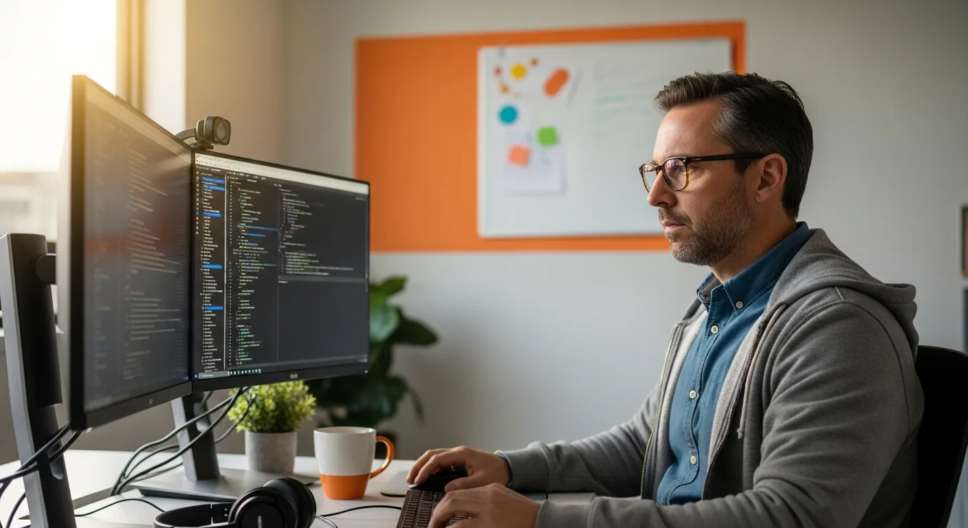 Senior React developer working at a dual-monitor workstation in a modern engineering office showing what a fully loaded React hire produces in 2026