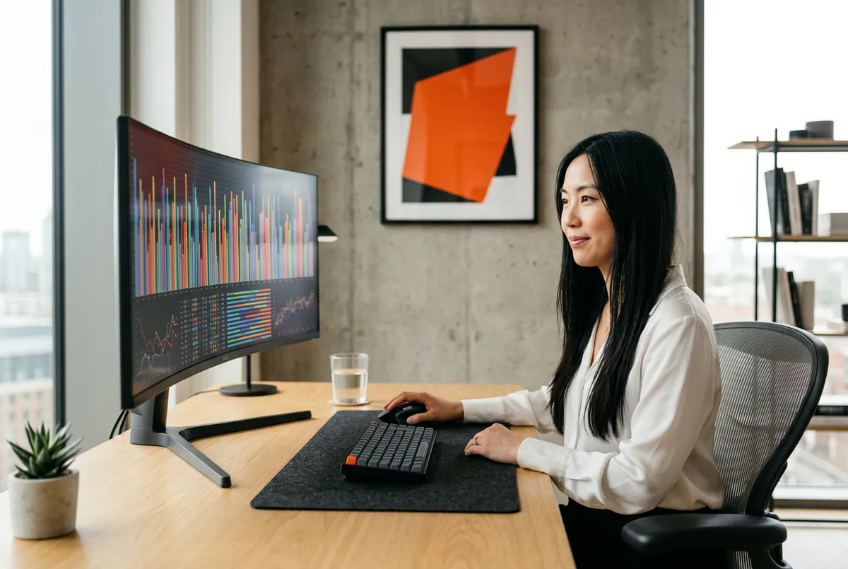 Real estate data analyst reviewing a property portfolio performance visualization on a curved ultrawide monitor