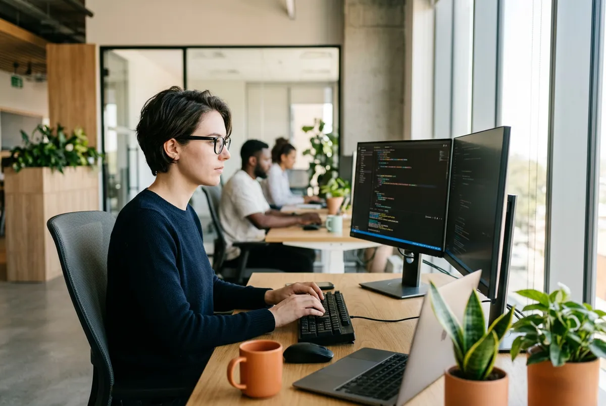 Software developer building custom Yardi Voyager reports on a dual monitor workstation in a modern proptech office