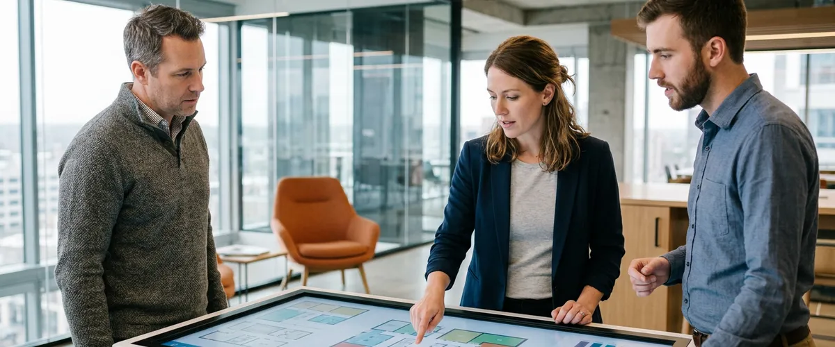 Real estate technology team reviewing a commercial property portfolio dashboard on a large touchscreen in a modern proptech office
