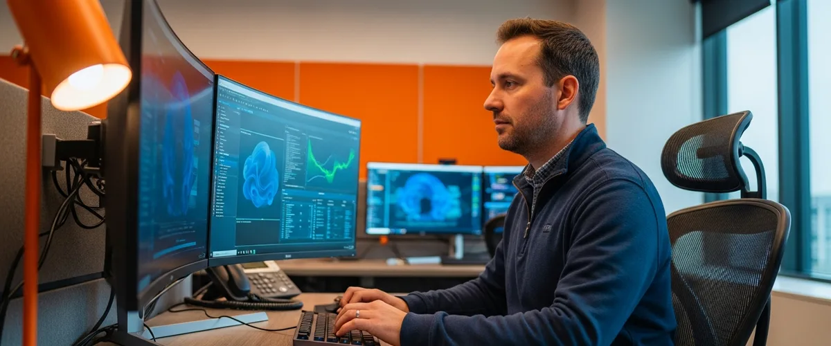 Focused cybersecurity engineer at a modern security operations center workstation reviewing three monitors of generic threat dashboards in a corporate SOC environment with orange accent walls