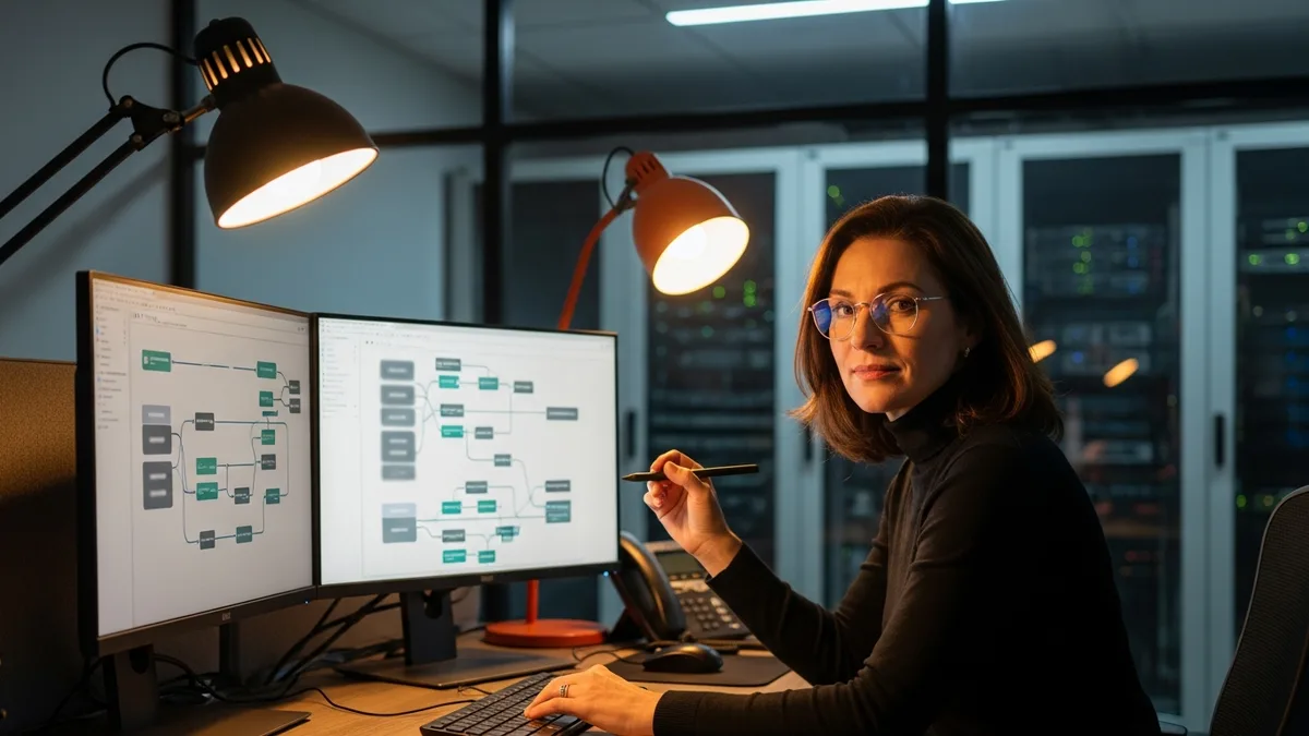 Senior female database administrator and data platform engineer at multi-monitor workstation reviewing production data infrastructure diagrams, illustrating mission-critical DBA work as recession-proof tech employment