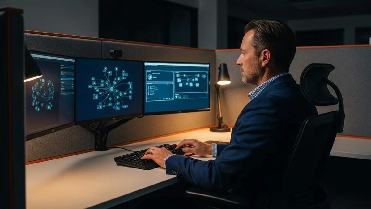 Senior defense and government systems engineer working at a multi-monitor secure facility workstation, illustrating cleared IT roles as one of the most recession-proof tech jobs in 2026