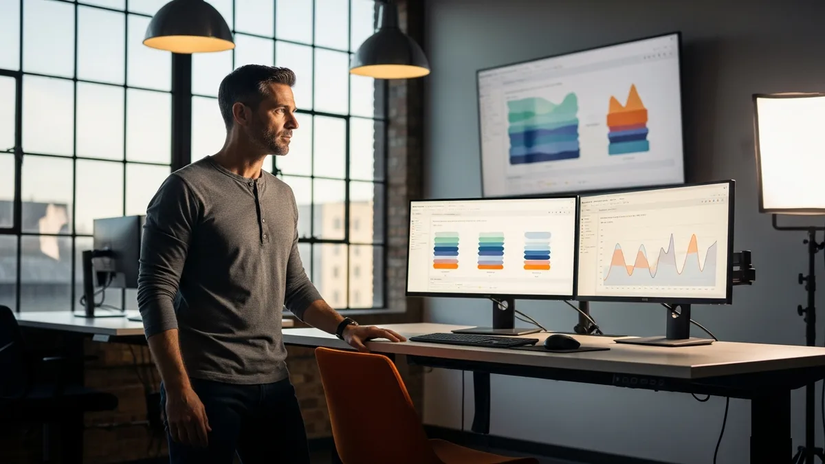 Male cloud cost optimization engineer reviewing FinOps dashboards on dual ultrawide monitors at a standing desk, illustrating cloud cost engineering as a recession-resistant tech role