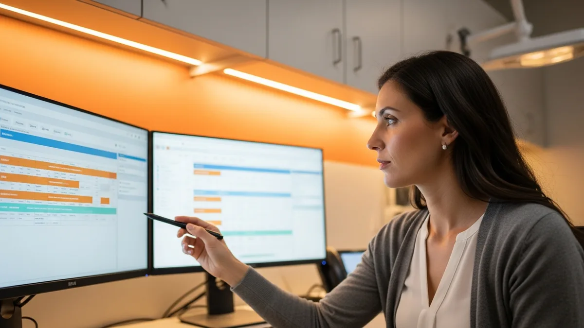 Female healthcare IT analyst at a clinical systems workstation reviewing EHR interface dashboards, illustrating one of the most recession-proof tech jobs in 2026