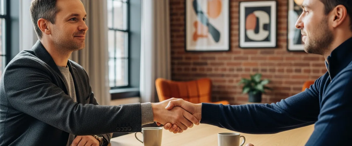 Tech recruiter and senior engineer shaking hands across a meeting table closing a 2026 engineering hire shaped by Reddit hiring competition for ML and ad tech talent