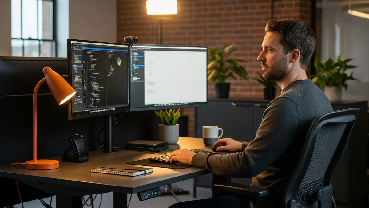 Senior Reddit machine learning engineer at a dual-monitor workstation reviewing ad ranking model code and recommendation system architecture during the 2026 hiring window