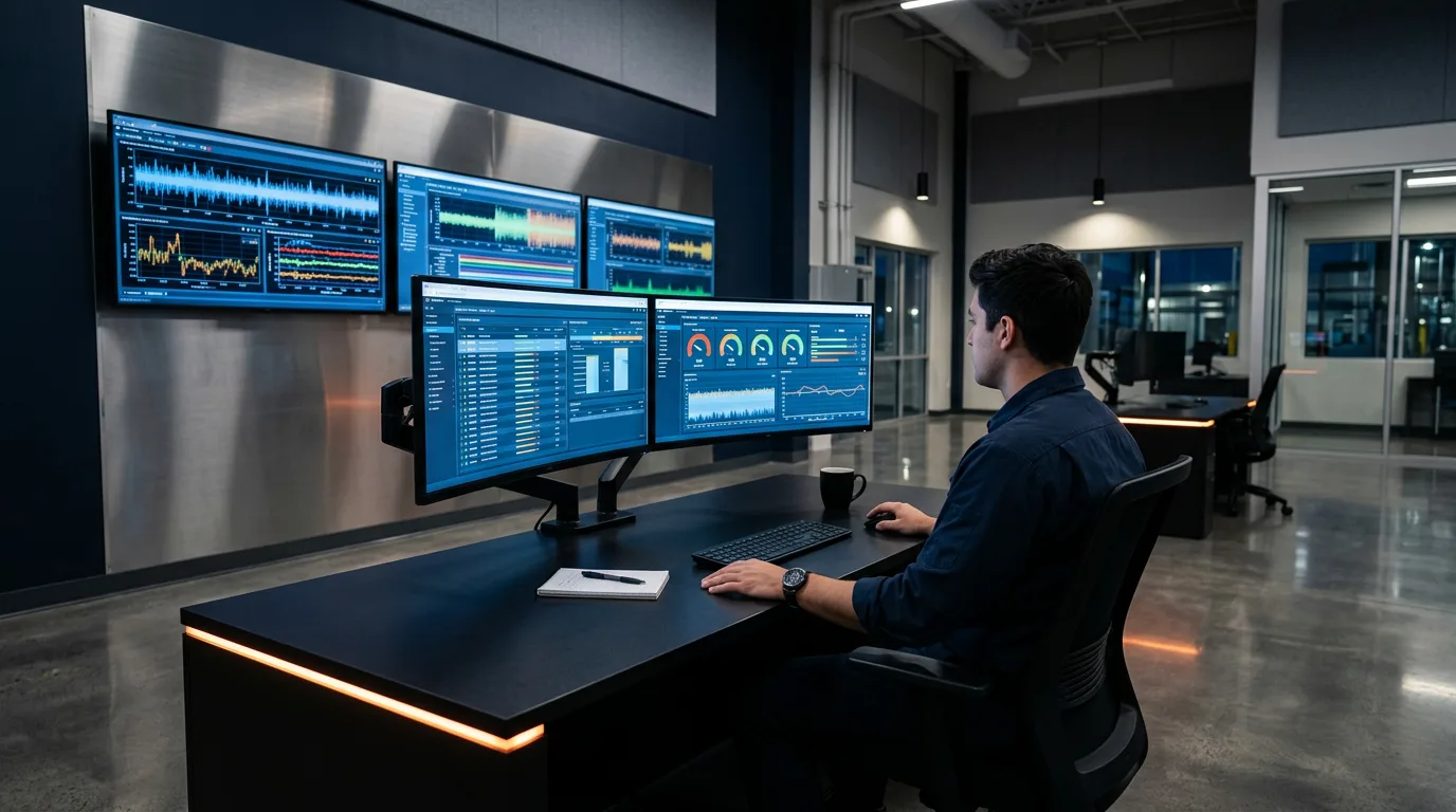 Reliability engineer reviewing a CMMS work order queue and APM dashboard with predictive maintenance alerts