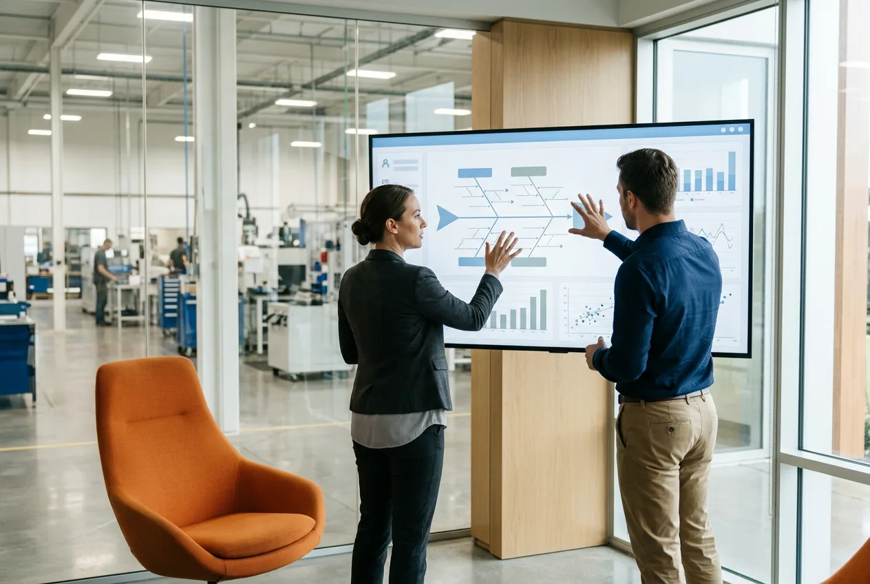 Reliability engineering team reviewing FMEA and root cause failure analysis on a large dashboard screen
