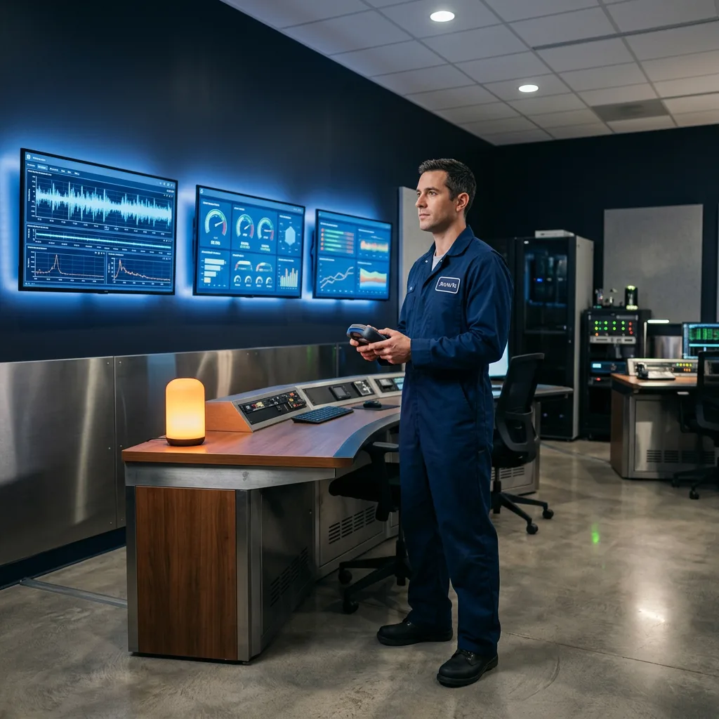 Reliability engineer monitoring vibration analysis and predictive maintenance dashboards in an industrial control room