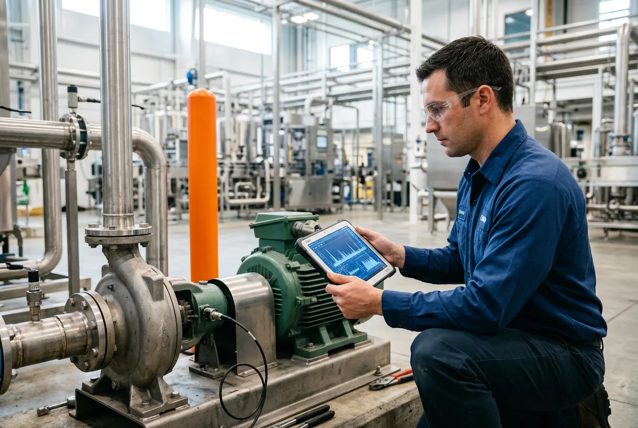 CMRP-certified reliability engineer inspecting a rotating pump with a tablet running condition monitoring software