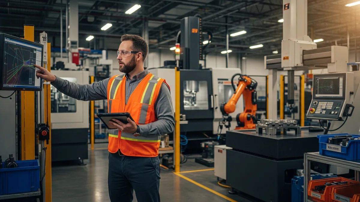 Manufacturing engineer in a high-visibility orange vest reviewing a CNC tool path on a tablet inside a reshored US factory