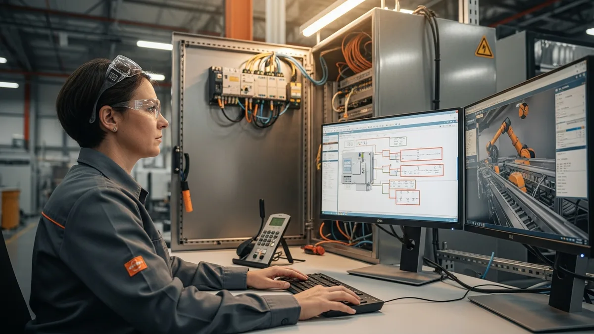 Controls and automation engineer at a dual-monitor workstation studying PLC ladder logic and an HMI overview screen in a reshored manufacturing plant