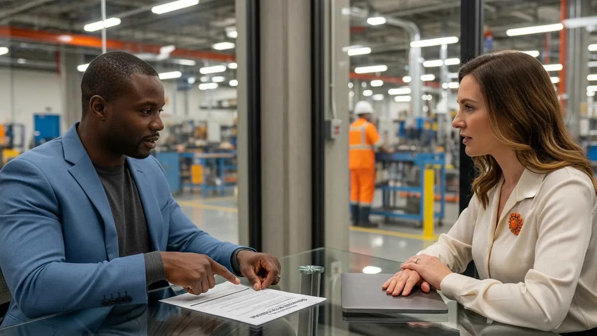 Engineering hiring manager and senior recruiter reviewing a printed reshoring engineering job requisition with the production floor visible behind them