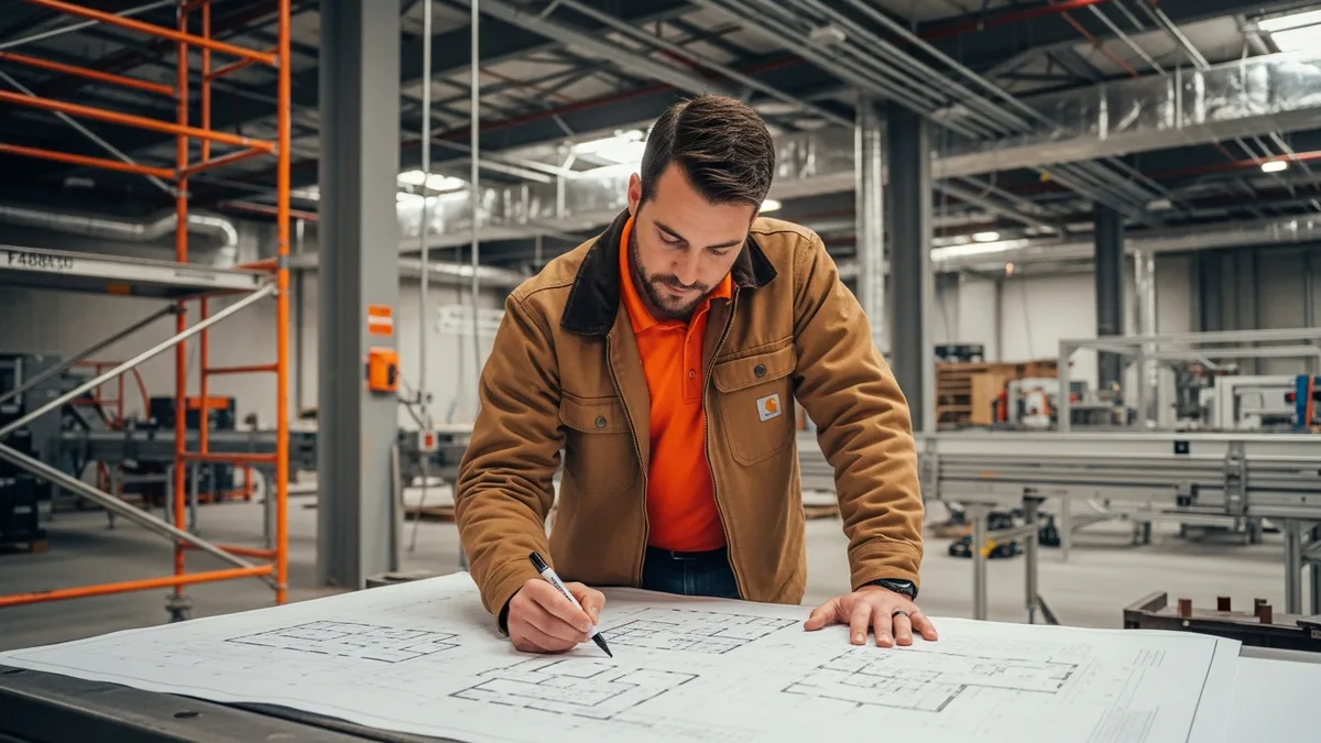 Process engineer annotating a facility floor plan blueprint on a steel layout table inside a half-finished reshored US factory build-out