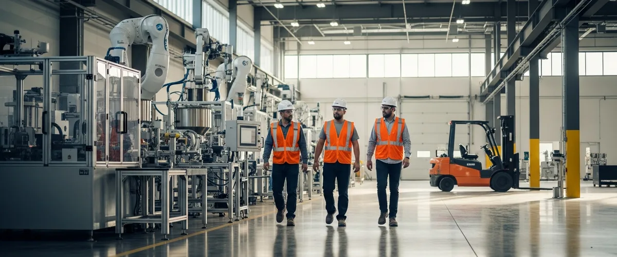 Wide-angle aerial view of a newly commissioned reshored US advanced manufacturing facility with engineers walking the production line