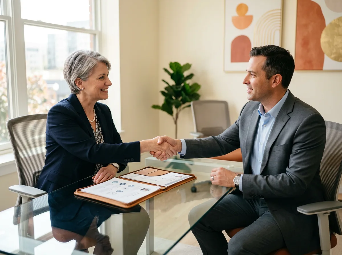 Recruiter and hiring manager shaking hands across a glass desk while reviewing risk analyst candidate profiles