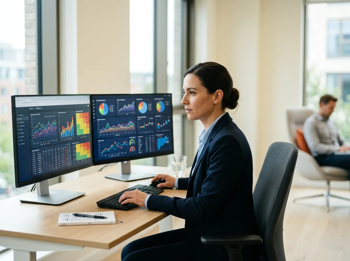 Risk analyst at a clean modern desk reviewing credit risk and operational risk dashboards on dual monitors, KORE1 risk analyst staffing