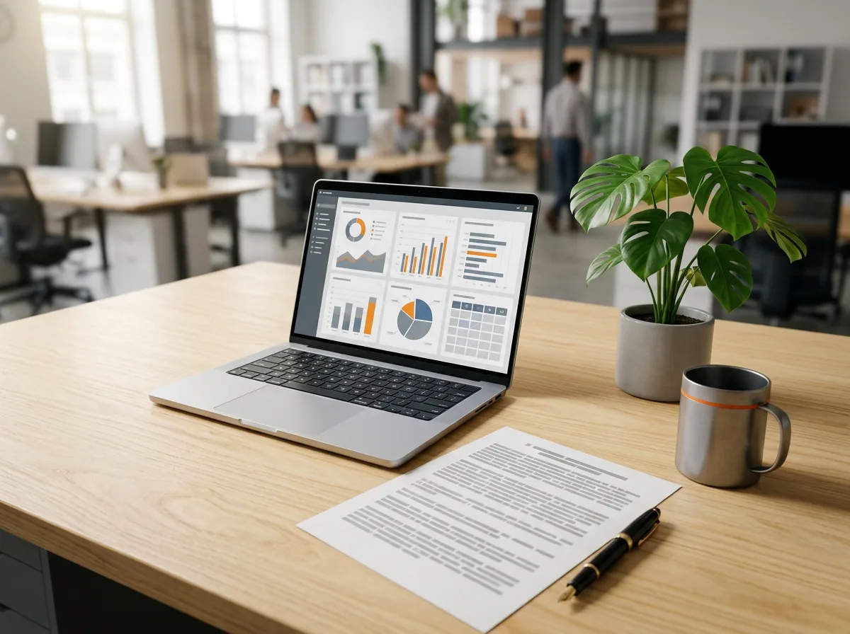 Close-up of a risk analyst desk with a laptop showing a financial model dashboard and a printed regulatory document