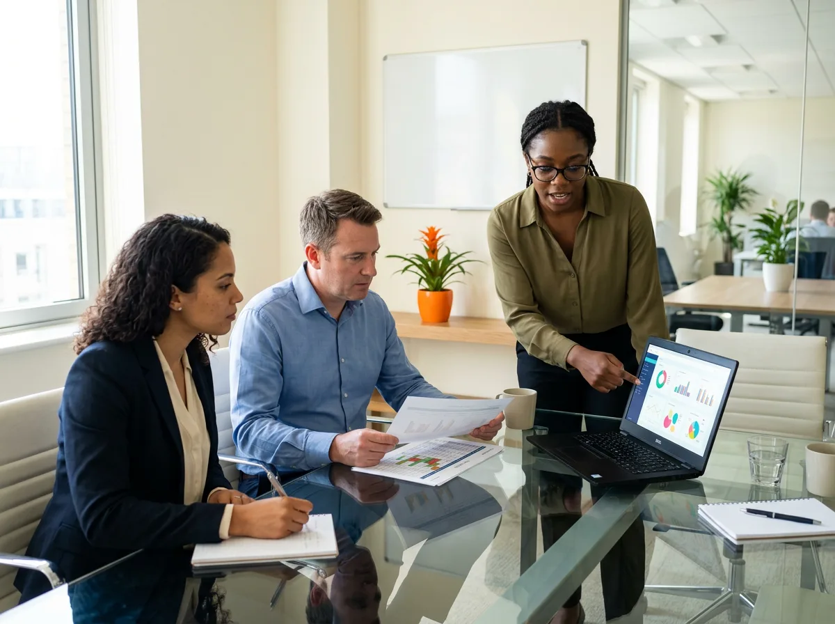Three operational risk analysts reviewing a printed risk register and a laptop dashboard around a glass conference table