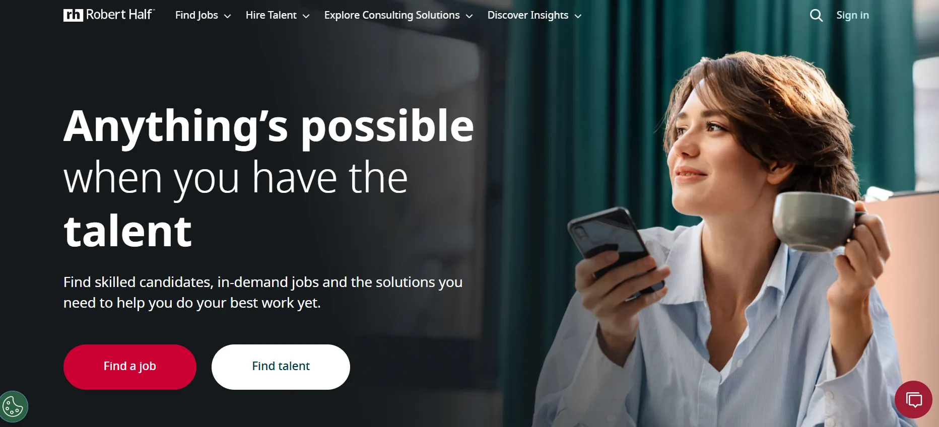 Robert Half homepage screenshot — most versatile Denver IT staffing firm 2026