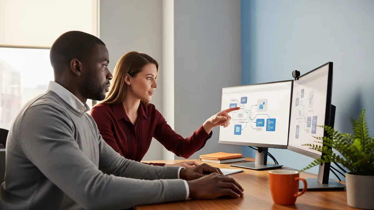 Sales engineer and account executive reviewing a customer architecture diagram on dual monitors