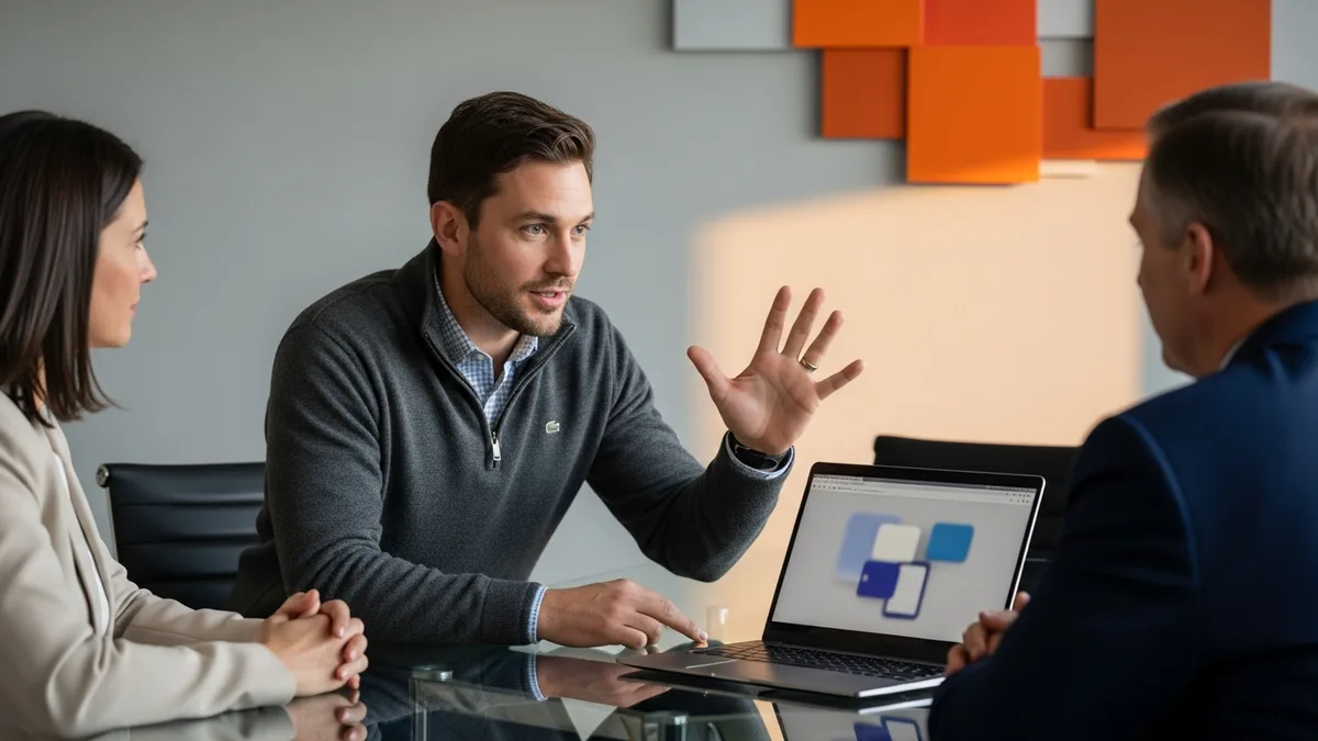Sales engineer presenting a product demo on a laptop to two enterprise stakeholders in a modern conference room