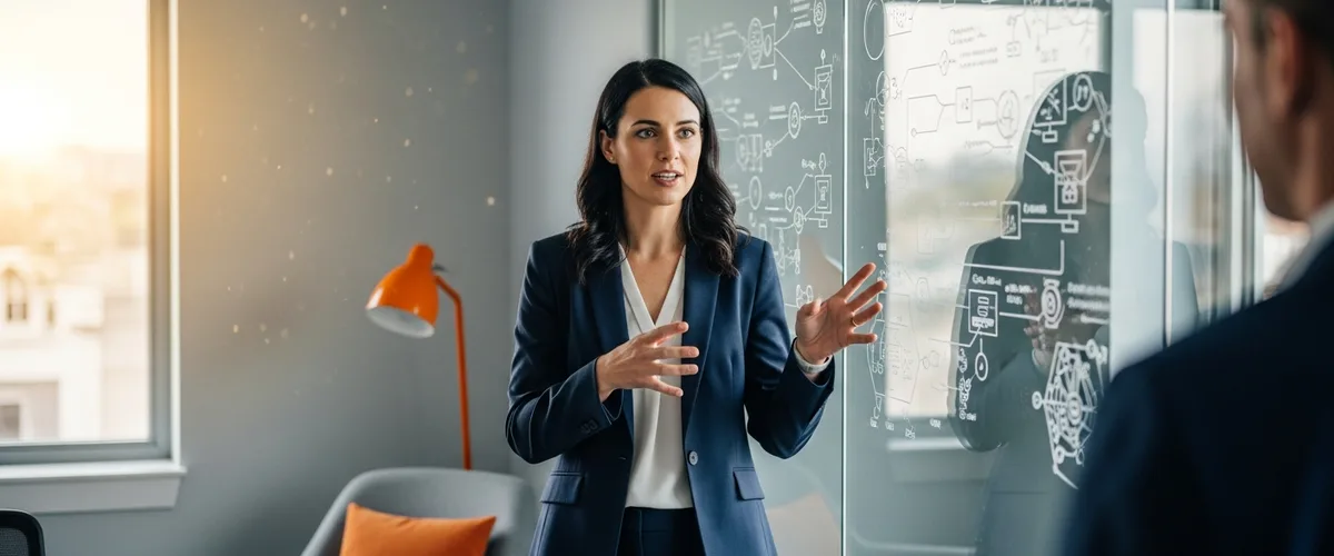 Sales engineer presenting at a glass conference wall covered in unlabeled technical diagrams, illustrating the 2026 KORE1 sales engineer salary guide