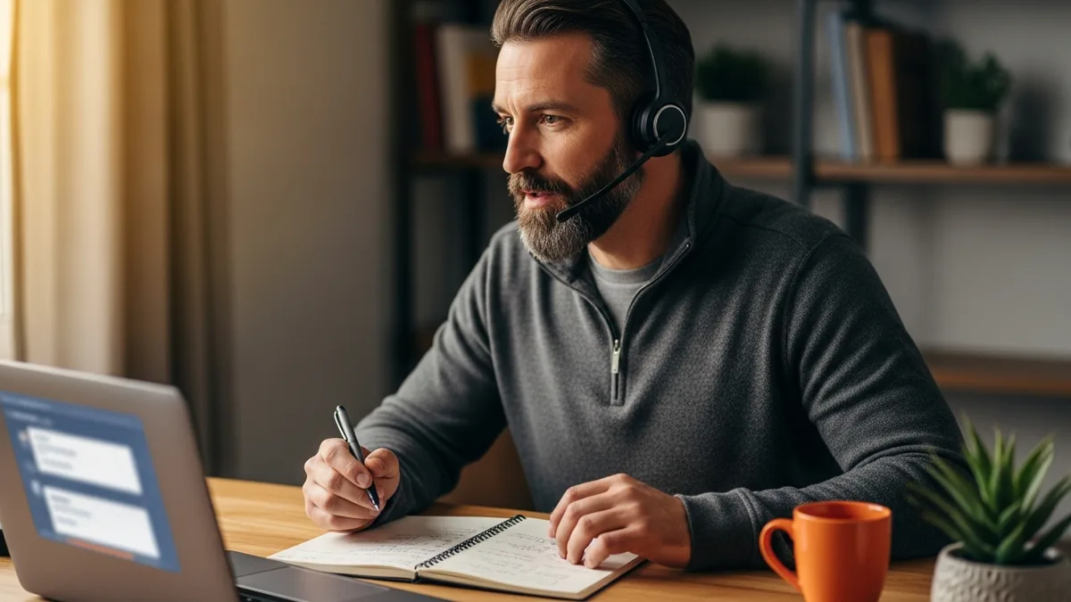 Senior sales engineer on a focused technical scoping call wearing a headset and taking notes