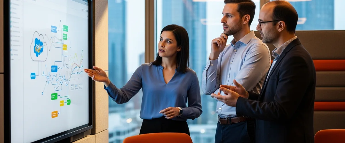 Salesforce admin team of three professionals reviewing a CRM platform dashboard together on a large interactive screen in a modern enterprise meeting room